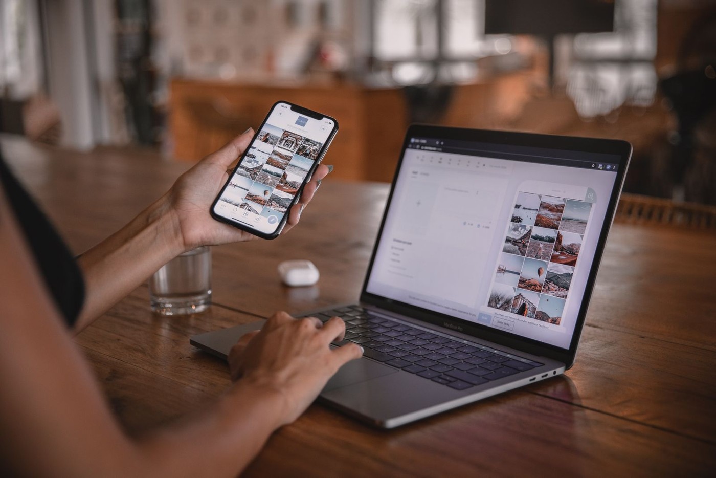 Planning an Instagram grid on a phone and laptop